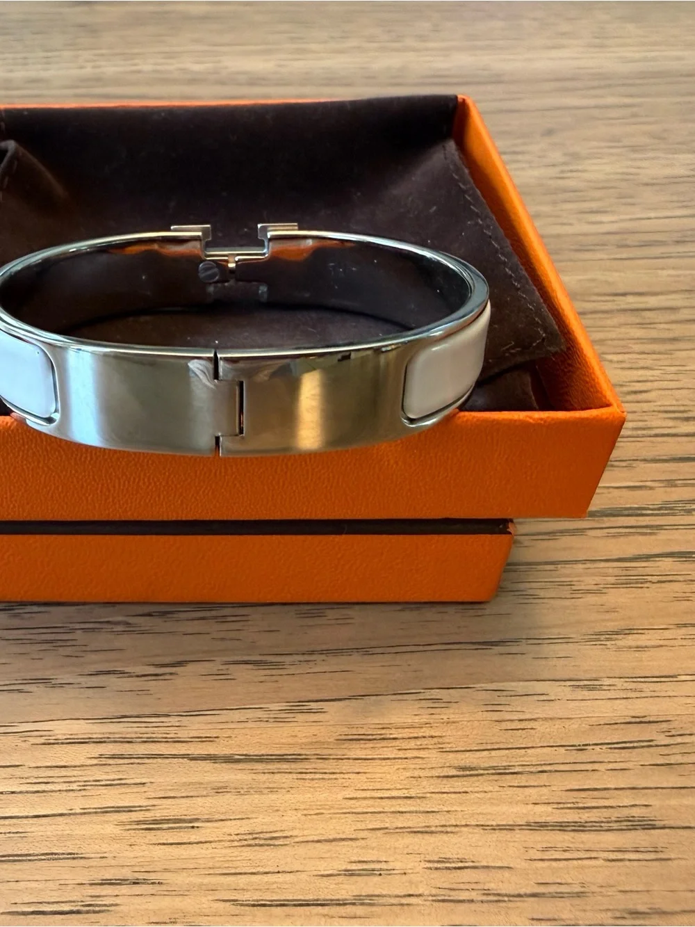 Hermes White Enamel H Clic Bracelet with Silver Hardware PM size (small)